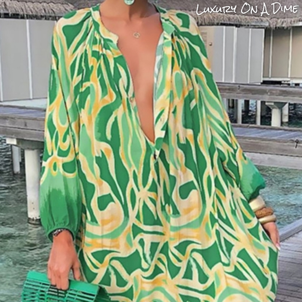 Green Abstract Button Chest Oversized Long Sleeve Dress Lightweight Colorful - Picture 4 of 10